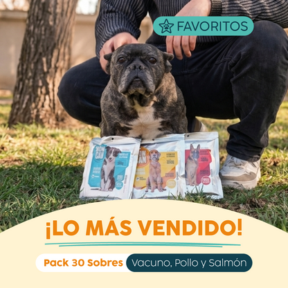 Pack 30 Sobres | Vacuno, Pollo y Salmón | Alimento Húmedo para Perros